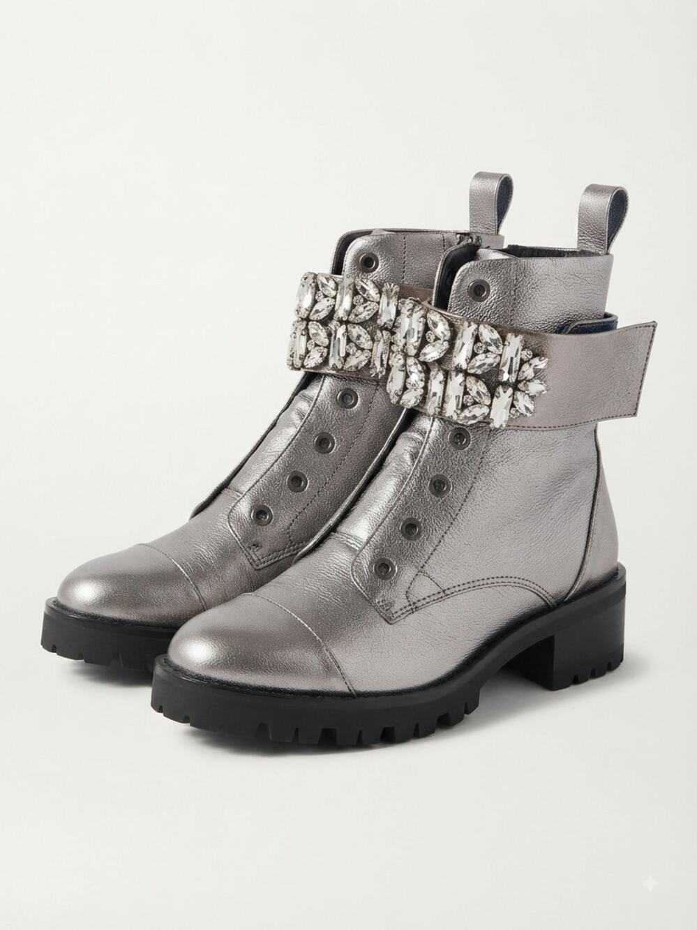Karl Lagerfeld Paris Pippa Silver Rhinestone Combat Boots Womens Size 5.5 New